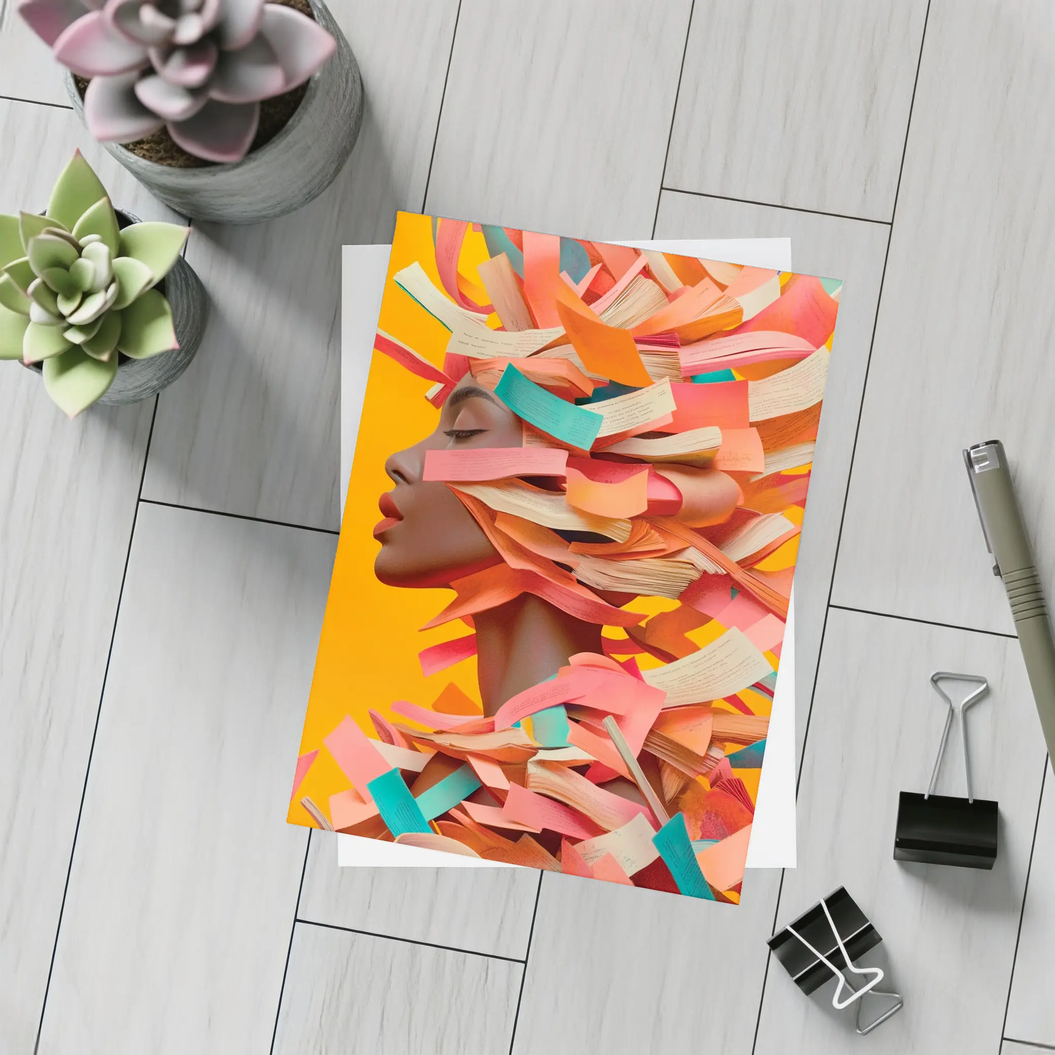 Woman Head Books Collage Orange Background – Postcards