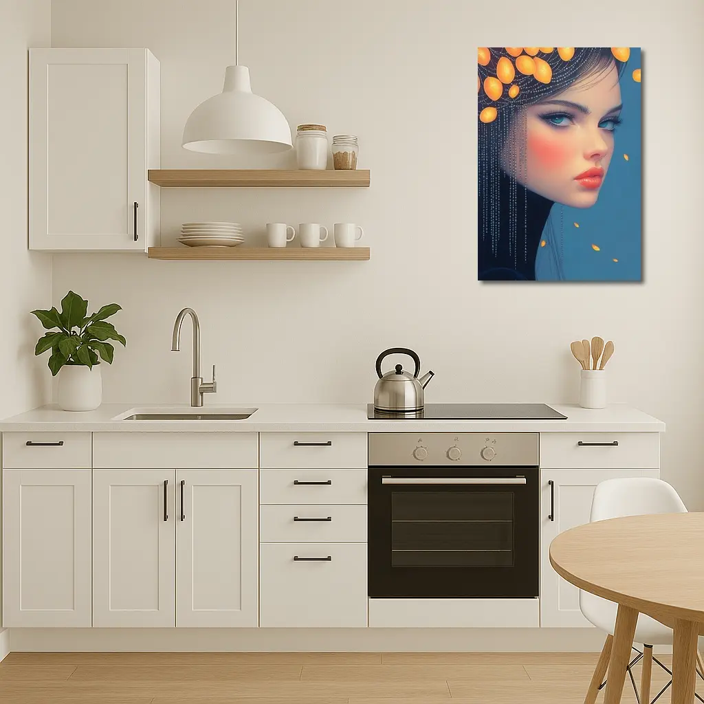 Digital Portrait Woman Orange Fruits Blue Background – Wall Art