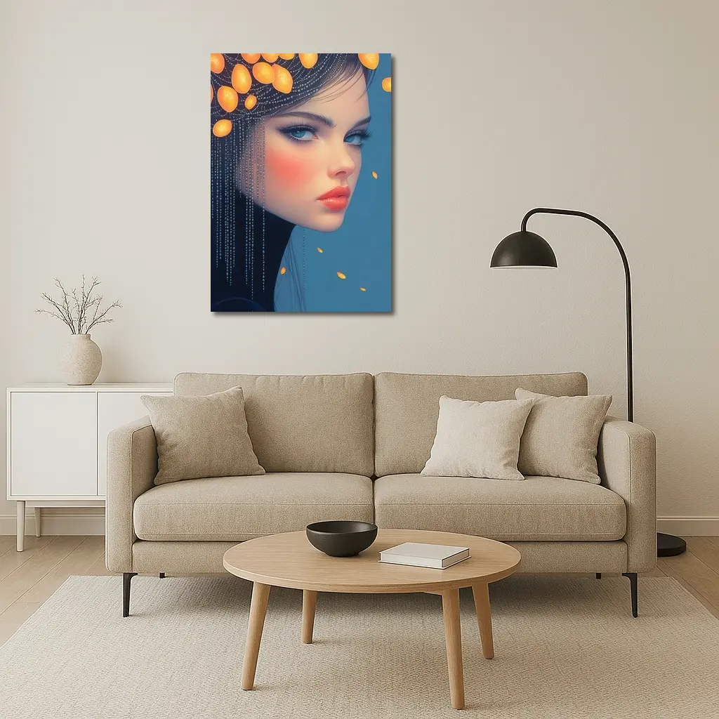 Digital Portrait Woman Orange Fruits Blue Background – Wall Art