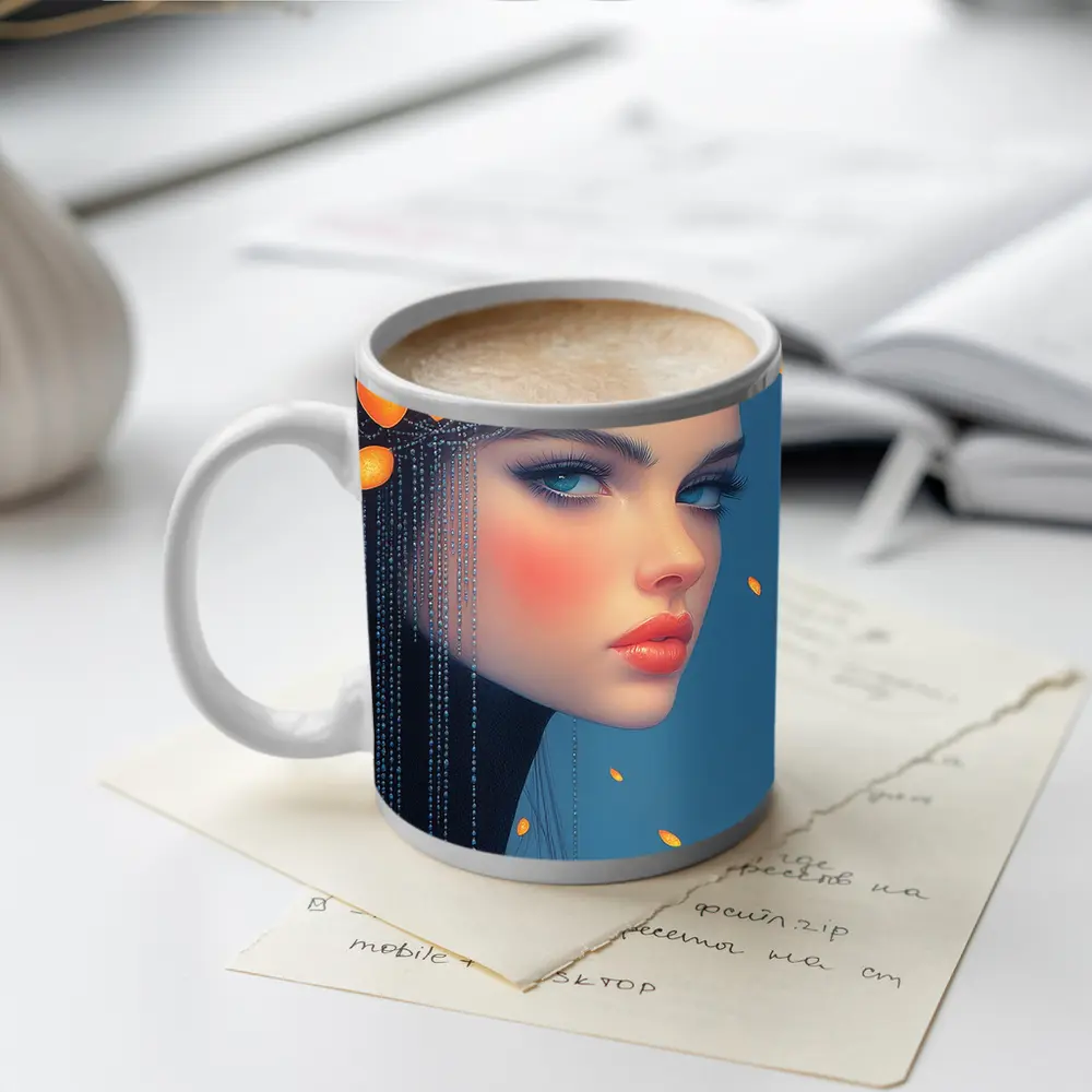 Digital Portrait Woman Orange Fruits Blue Background – Mugs