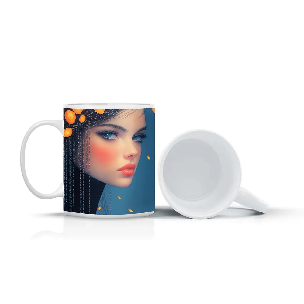 Digital Portrait Woman Orange Fruits Blue Background – Mugs