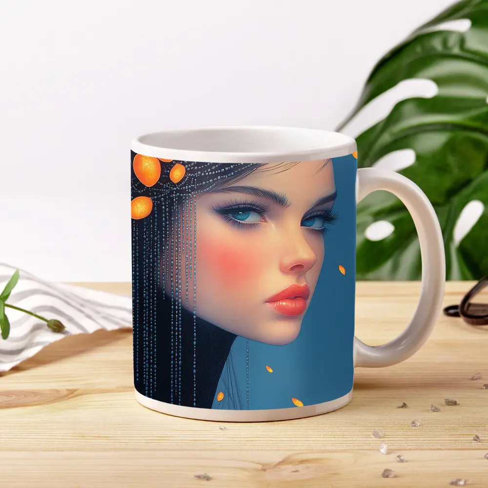 Digital Portrait Woman Orange Fruits Blue Background – Mugs