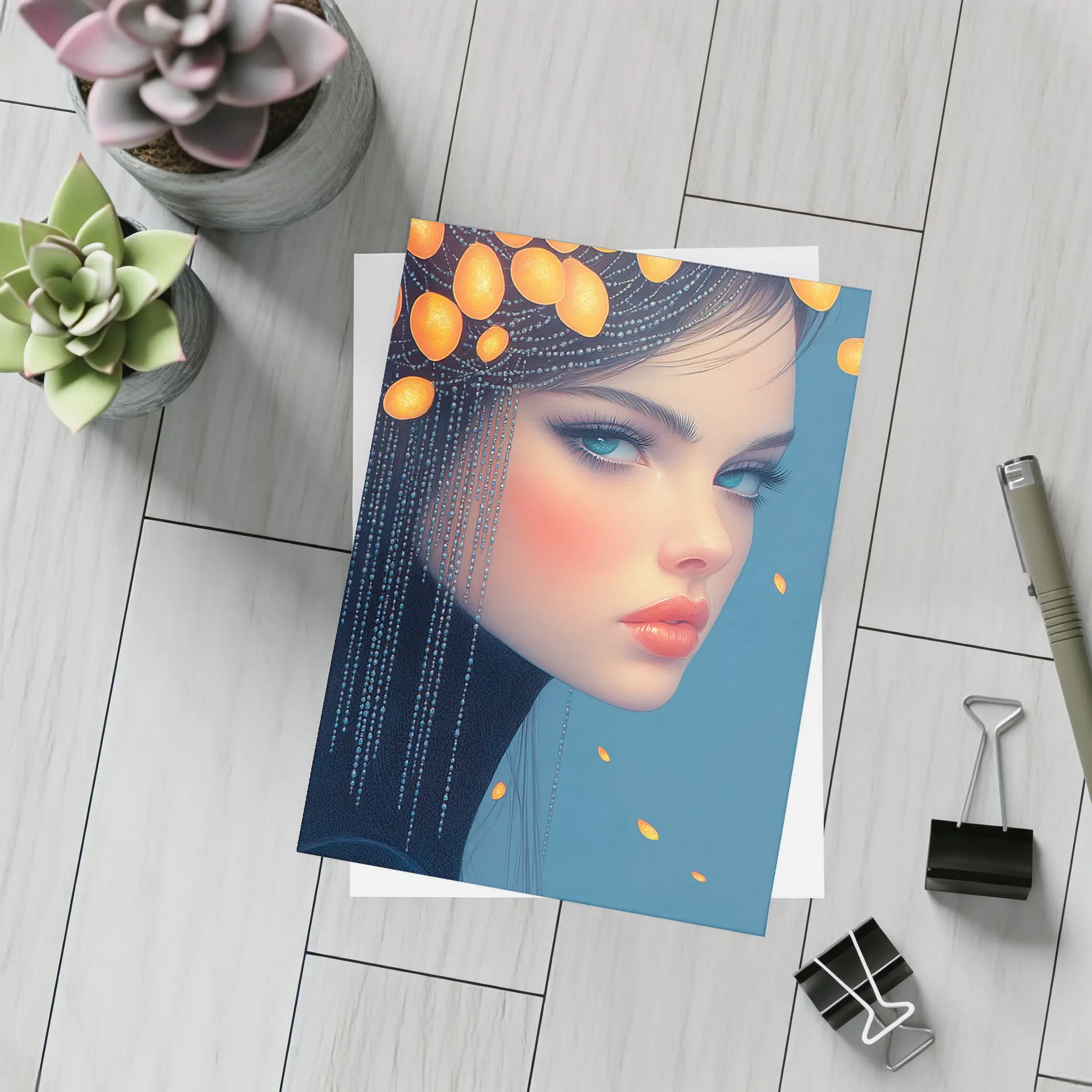 Digital Portrait Woman Orange Fruits Blue Background – Postcards
