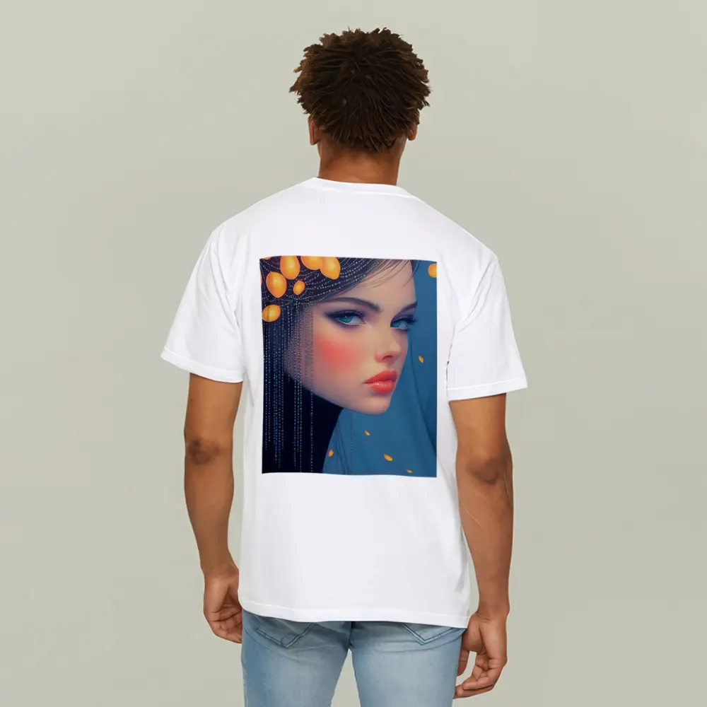 Digital Portrait Woman Orange Fruits Blue Background – T-Shirts