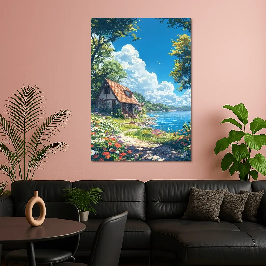 Anime Cottage By Flower Garden Coastal View – Wall Art