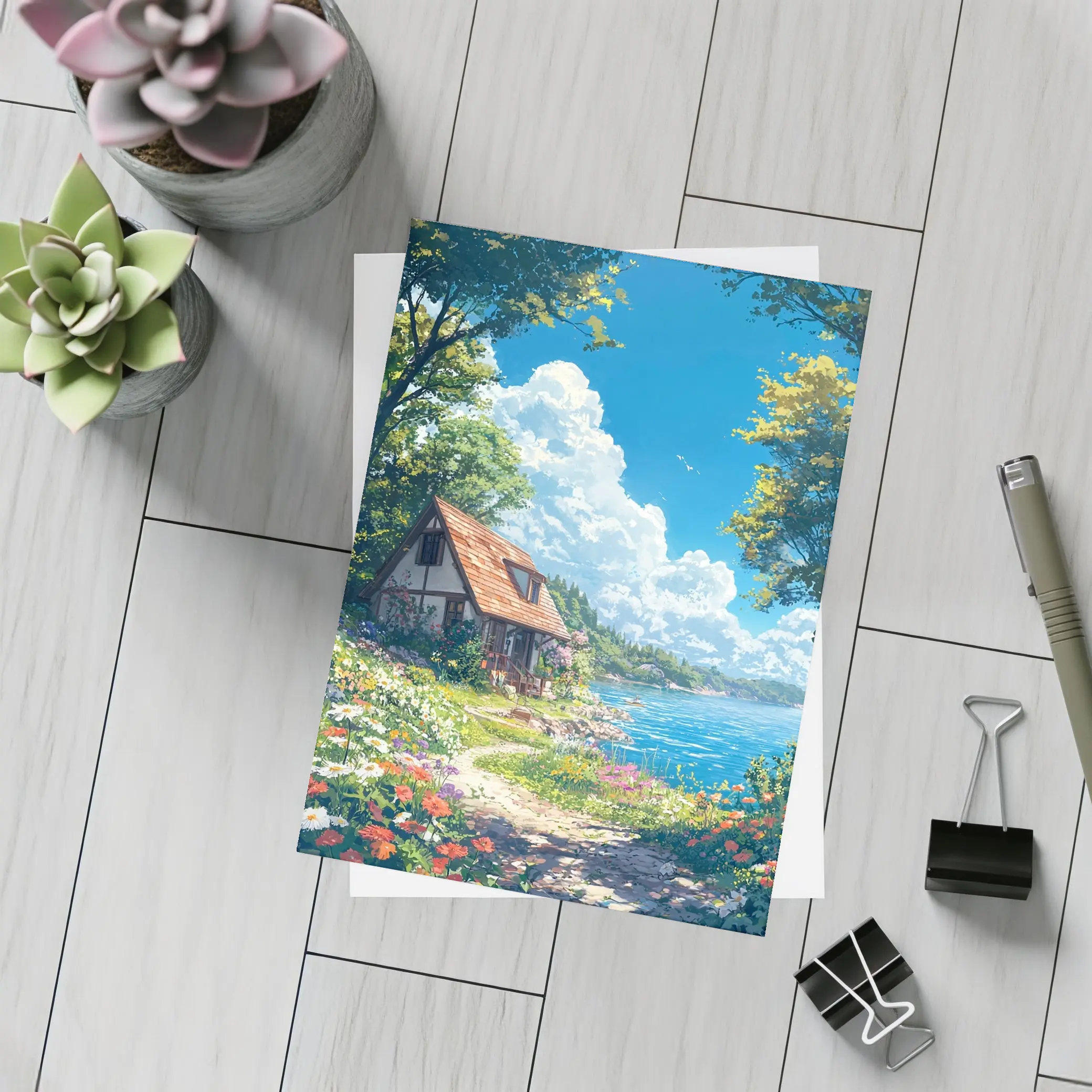 Anime Cottage By Flower Garden Coastal View – Postcards