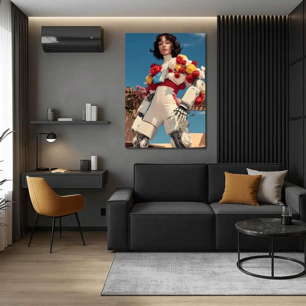Robotic Woman With Floral Arrangement Blue Sky – Wall Art