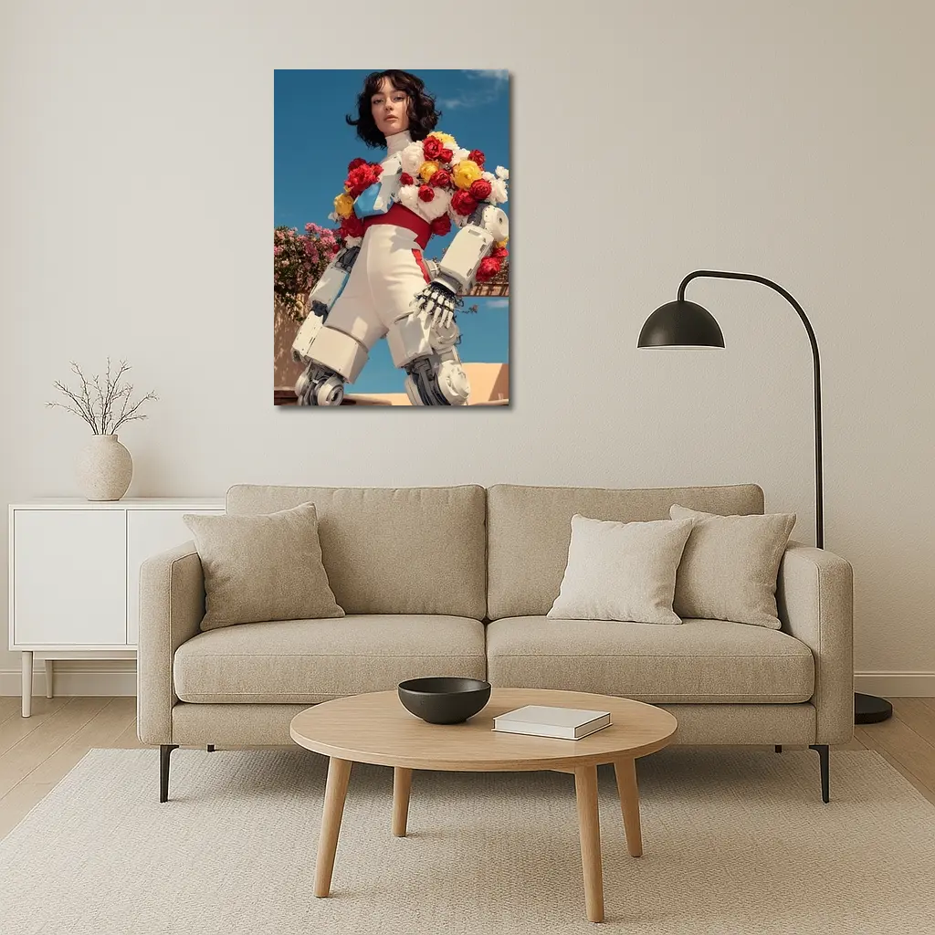 Robotic Woman With Floral Arrangement Blue Sky – Wall Art