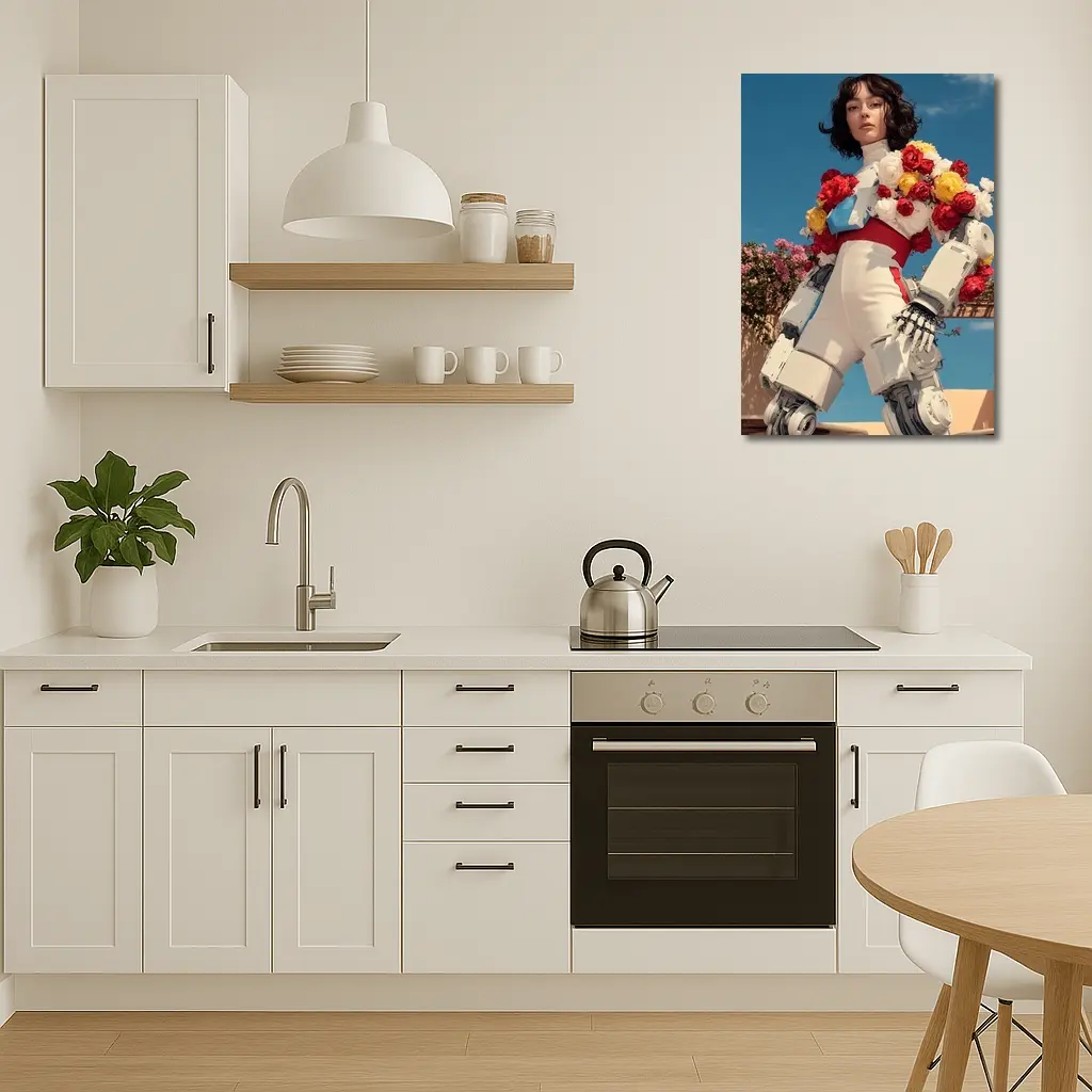Robotic Woman With Floral Arrangement Blue Sky – Wall Art
