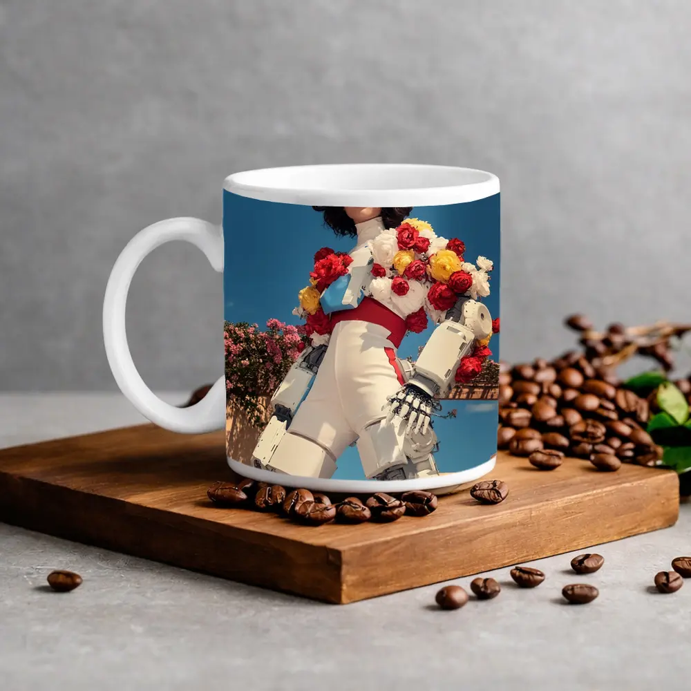 Robotic Woman With Floral Arrangement Blue Sky – Mugs