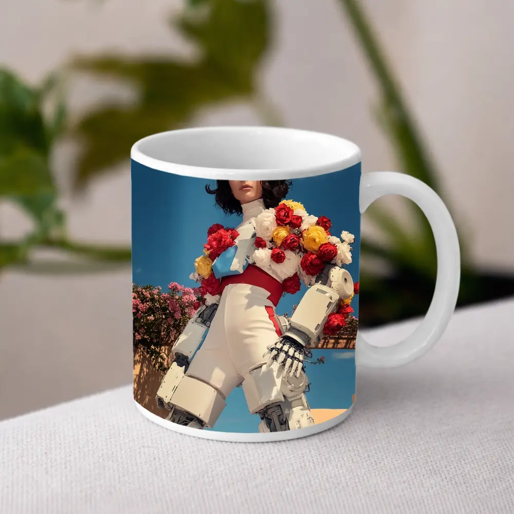 Robotic Woman With Floral Arrangement Blue Sky – Mugs