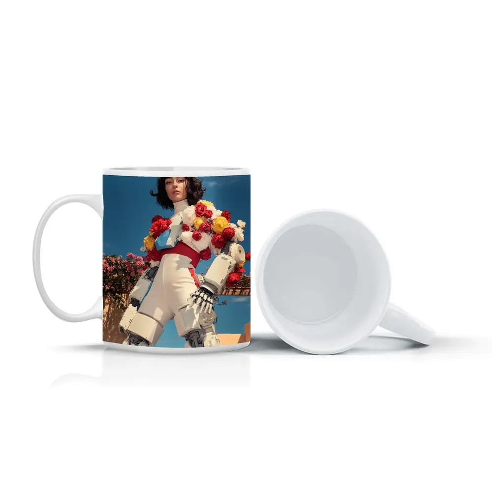 Robotic Woman With Floral Arrangement Blue Sky – Mugs