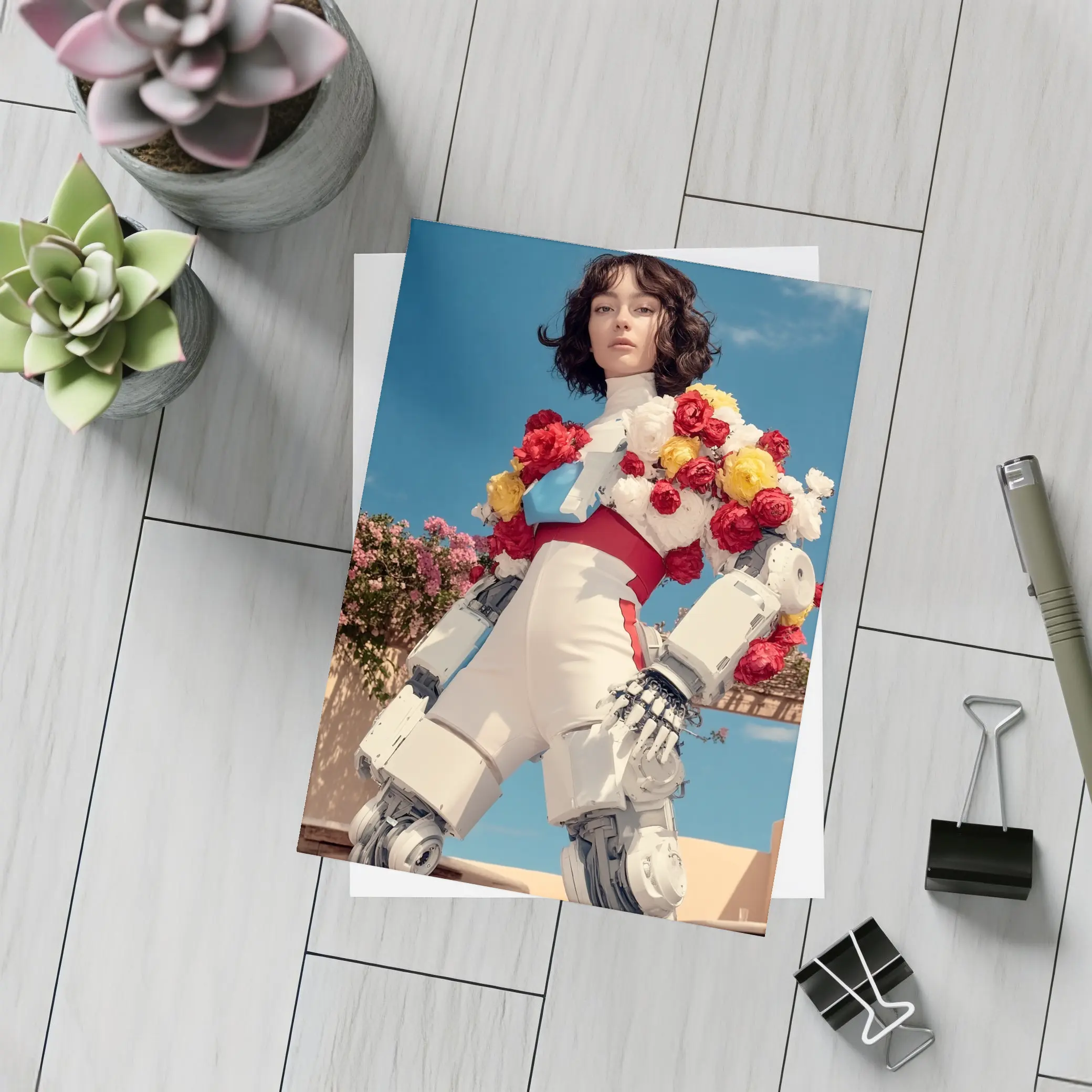 Robotic Woman With Floral Arrangement Blue Sky – Postcards