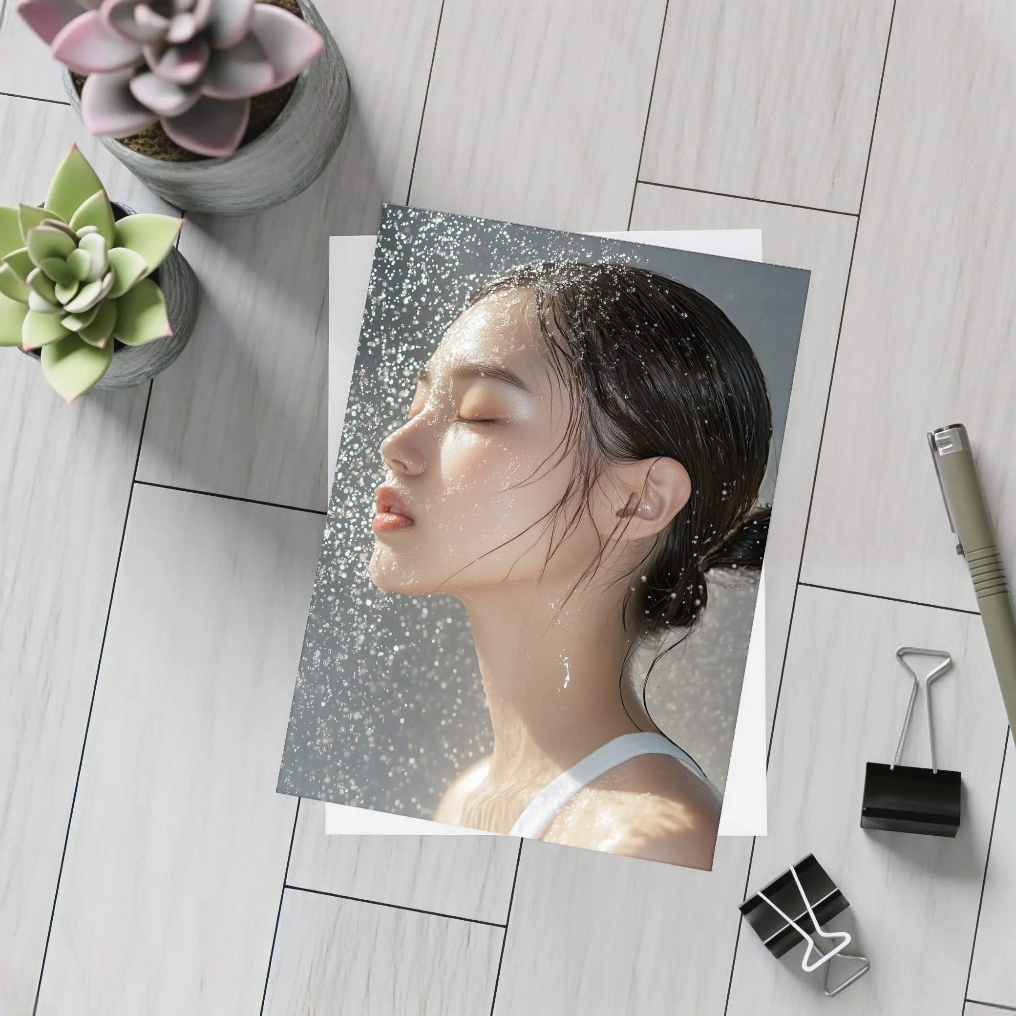 Asian Woman Wet Hair Water Droplets – Postcards