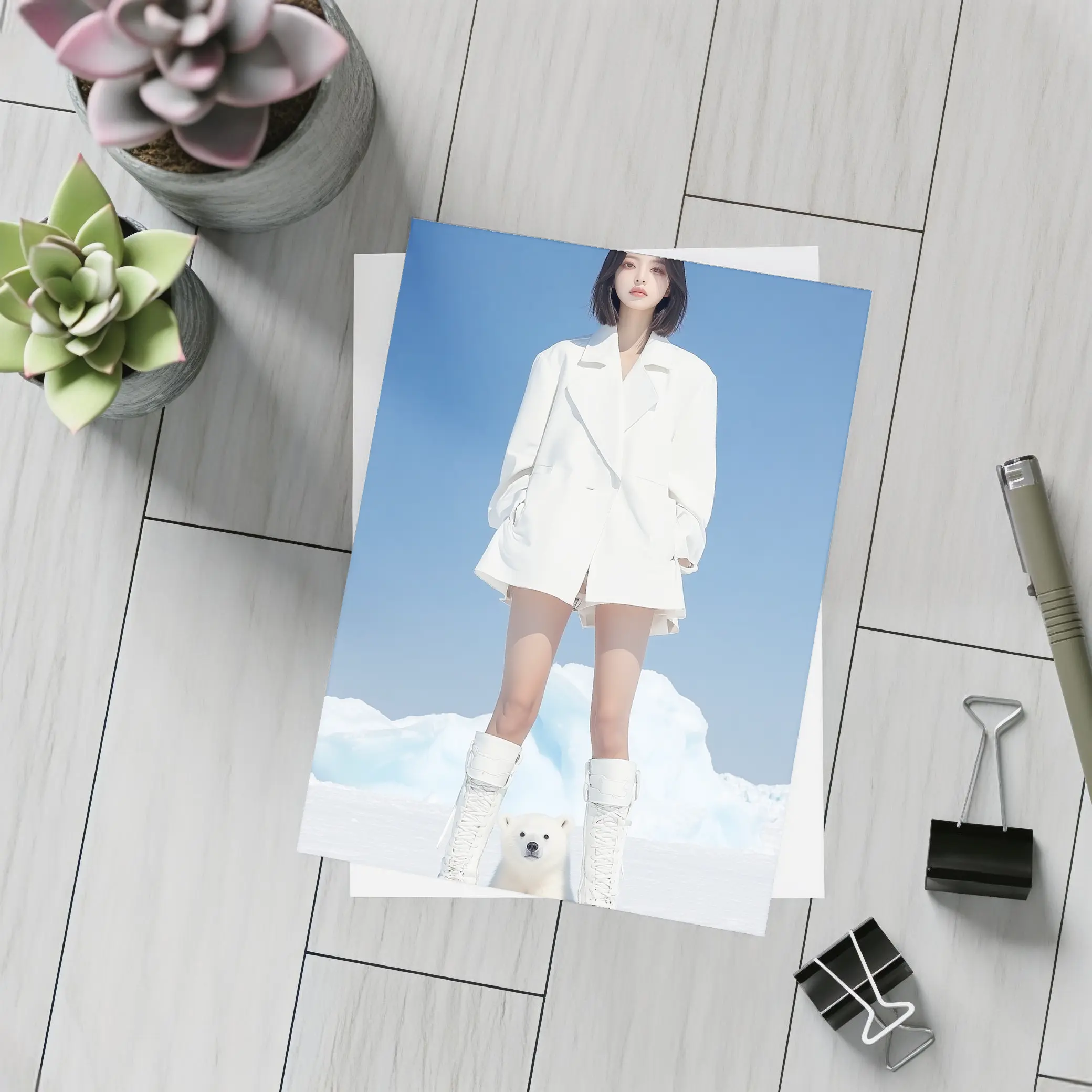 Woman White Coat Polar Bear Arctic Ice – Postcards