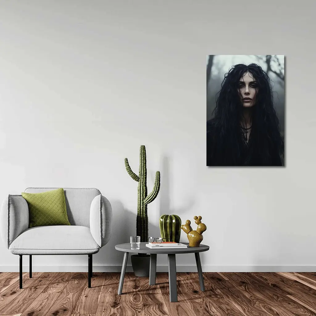 Dark Gothic Woman Misty Forest Portrait – Wall Art