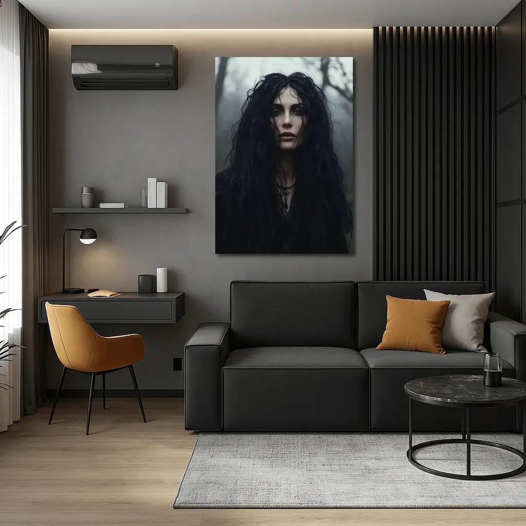 Dark Gothic Woman Misty Forest Portrait – Wall Art