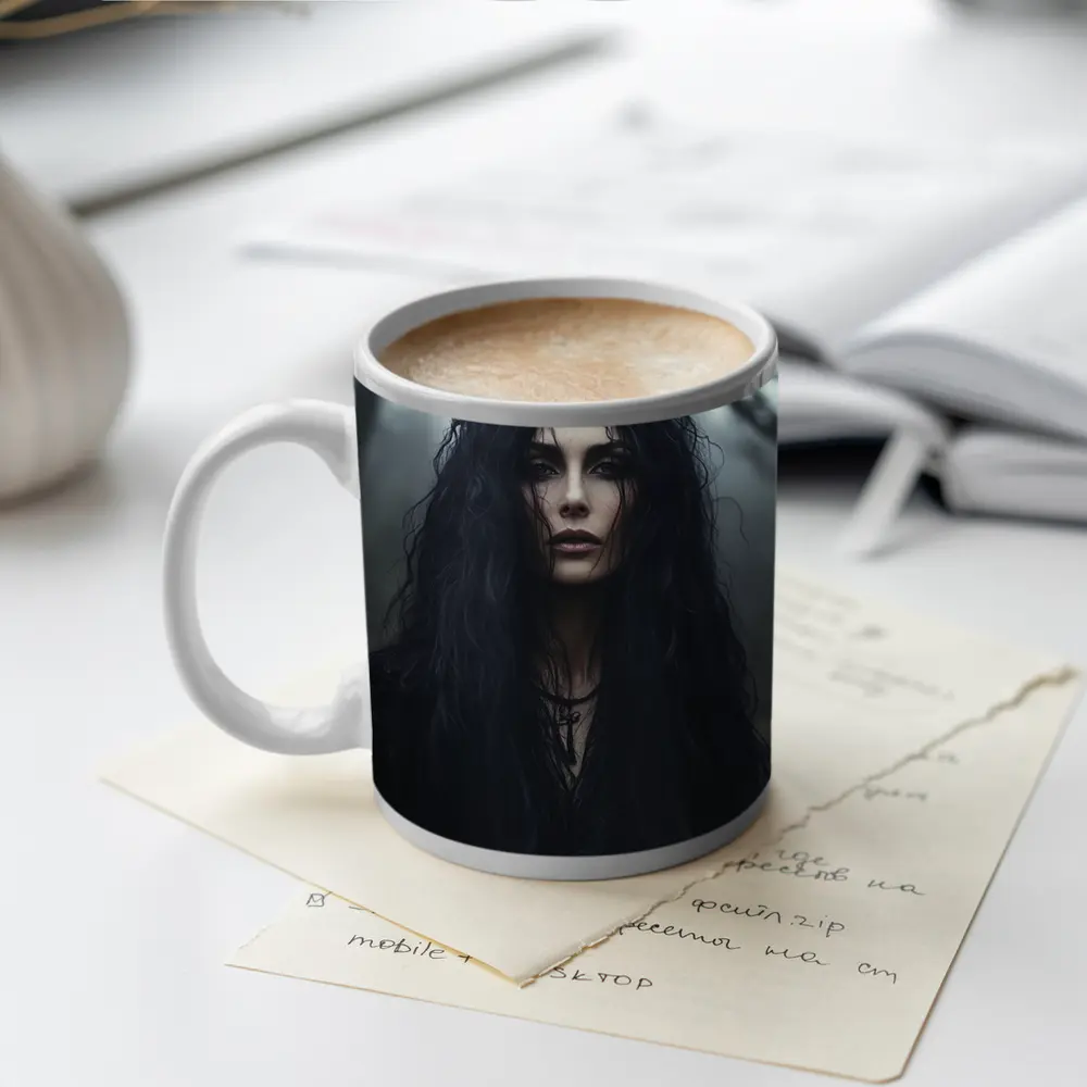 Dark Gothic Woman Misty Forest Portrait – Mugs
