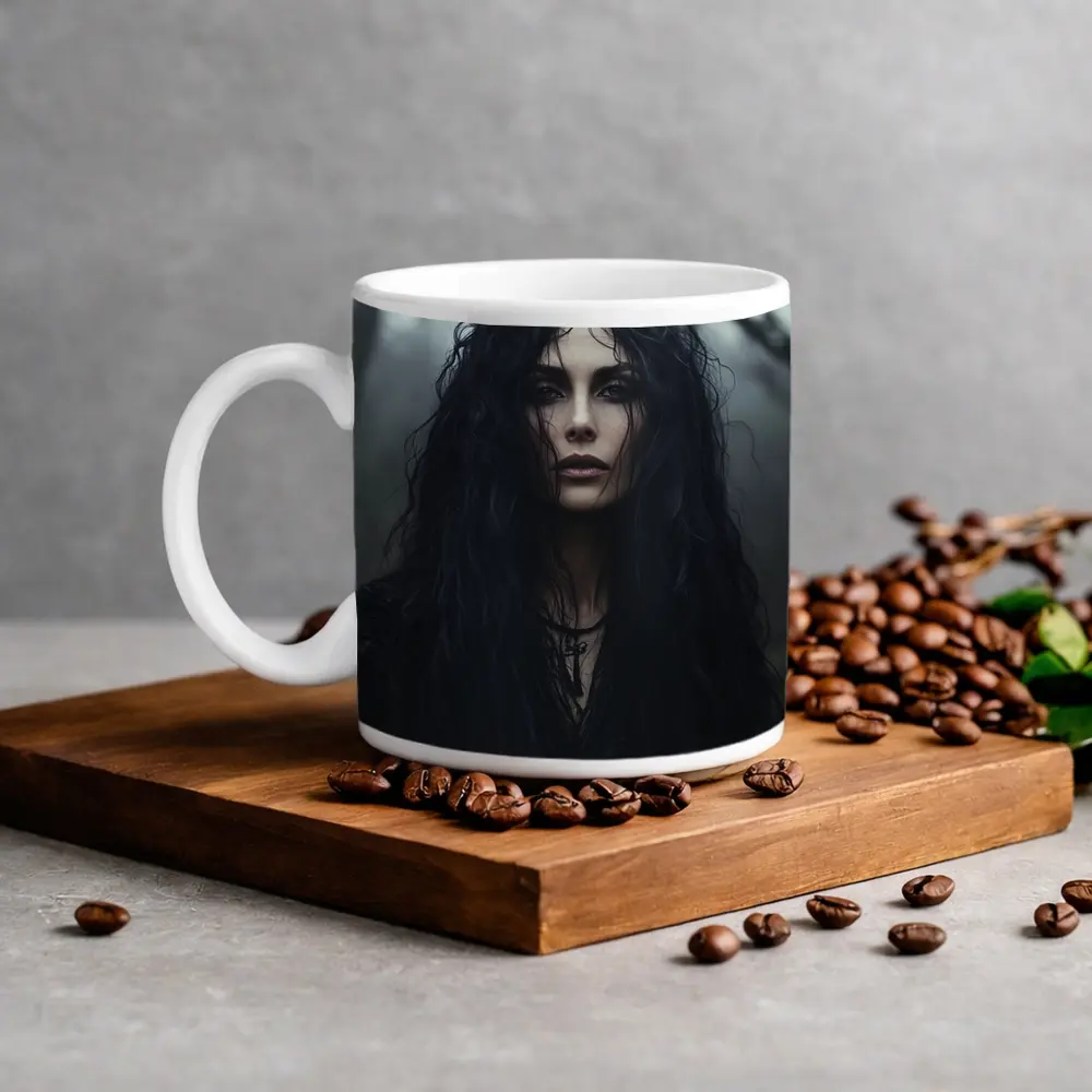 Dark Gothic Woman Misty Forest Portrait – Mugs