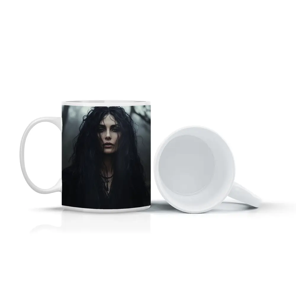 Dark Gothic Woman Misty Forest Portrait – Mugs