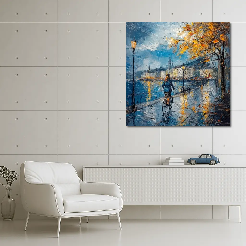 Woman Cycling Rainy City Waterfront Oil Painting – Wall Art