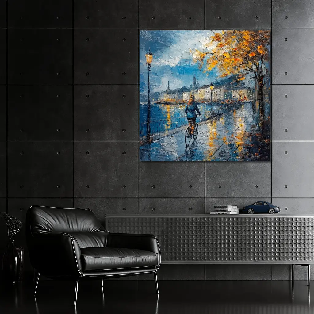 Woman Cycling Rainy City Waterfront Oil Painting – Wall Art