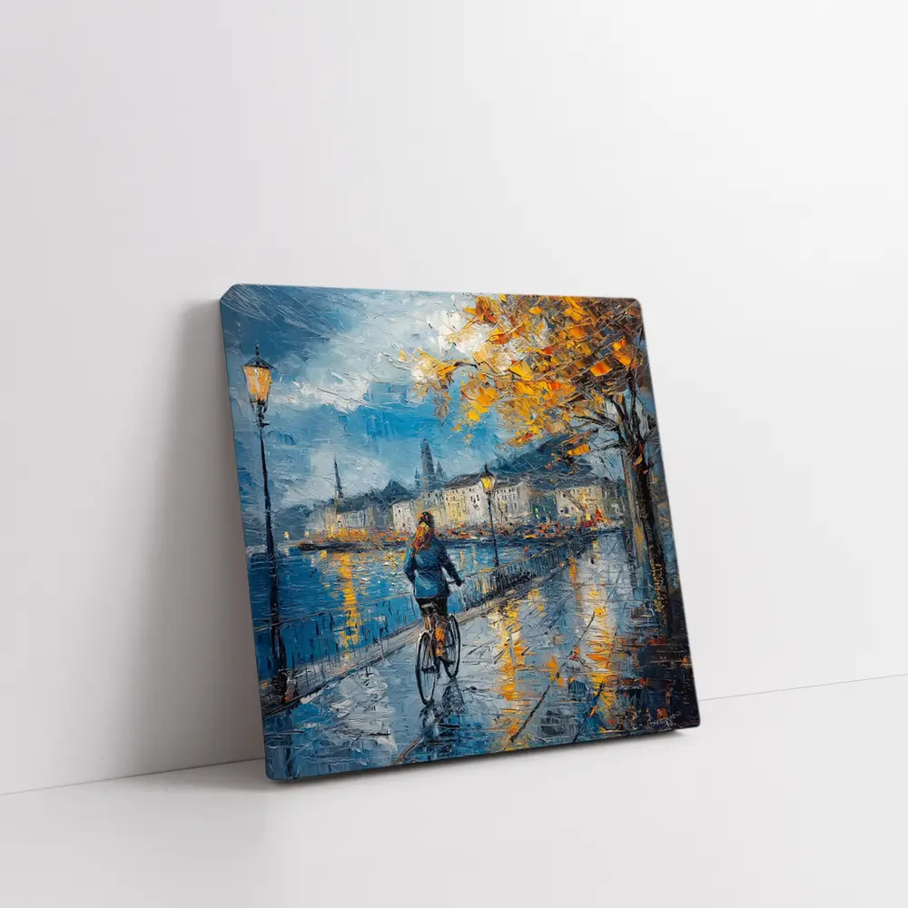 Woman Cycling Rainy City Waterfront Oil Painting – Wall Art