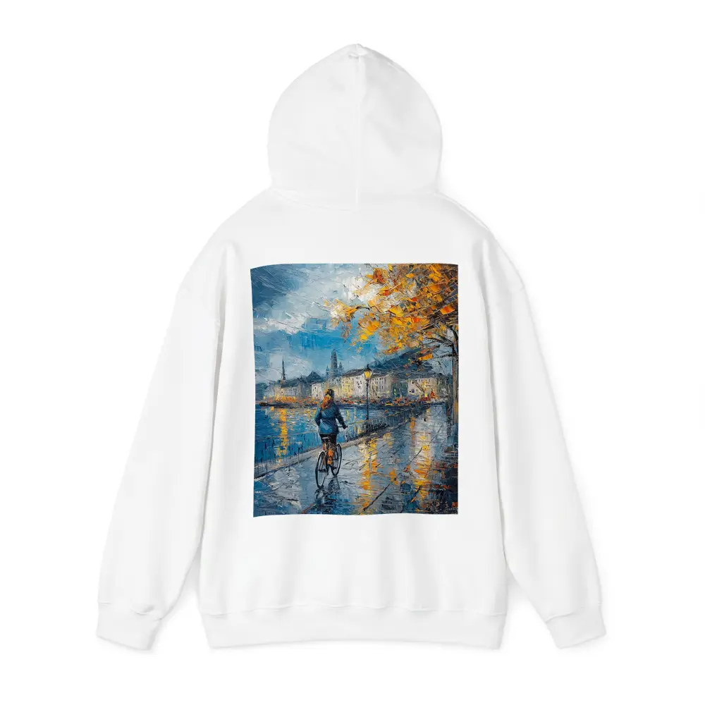 Woman Cycling Rainy City Waterfront Oil Painting – Hoodies