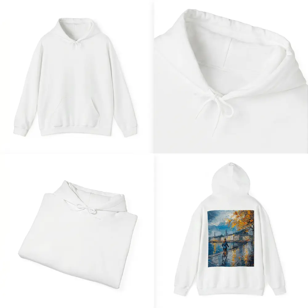 Woman Cycling Rainy City Waterfront Oil Painting – Hoodies