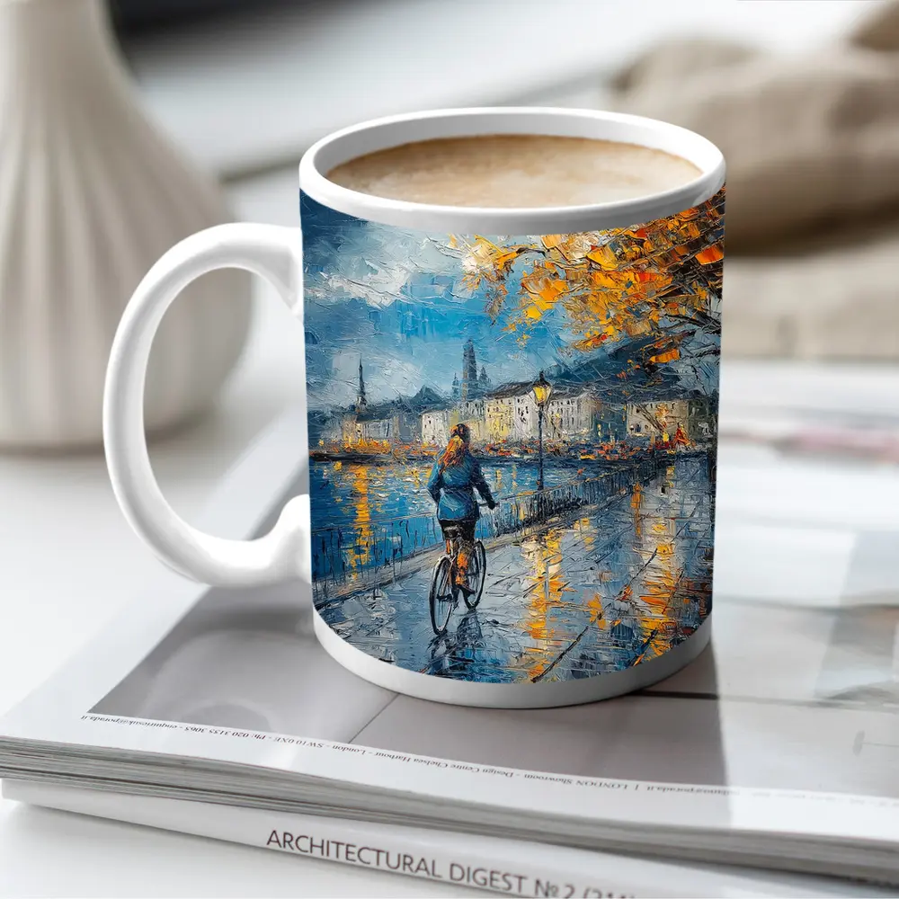 Woman Cycling Rainy City Waterfront Oil Painting – Mugs