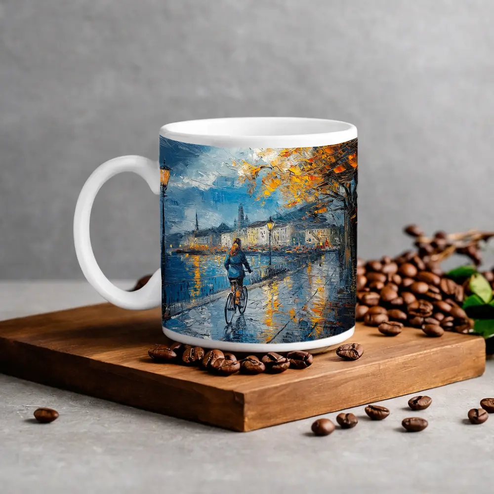 Woman Cycling Rainy City Waterfront Oil Painting – Mugs