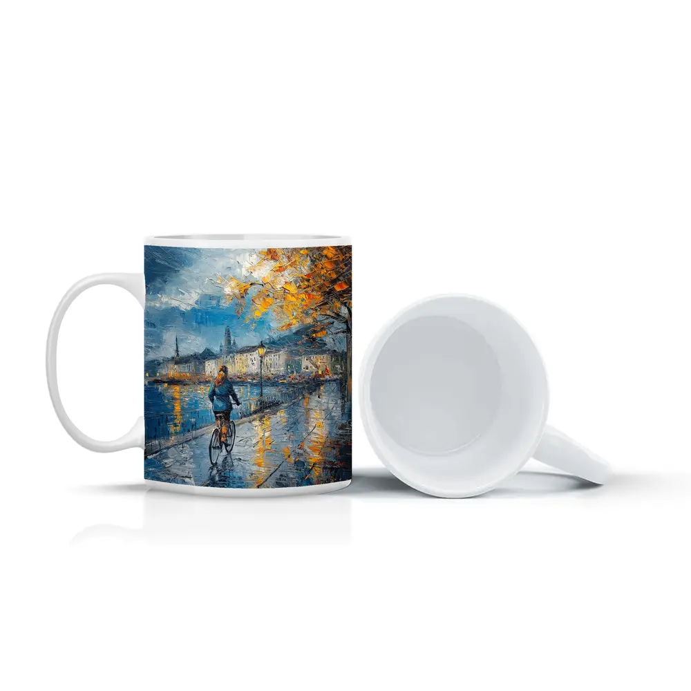 Woman Cycling Rainy City Waterfront Oil Painting – Mugs