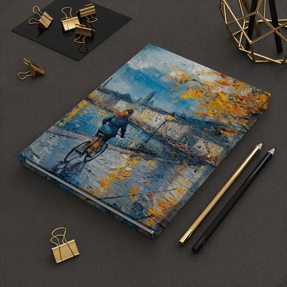 Woman Cycling Rainy City Waterfront Oil Painting – Notebooks
