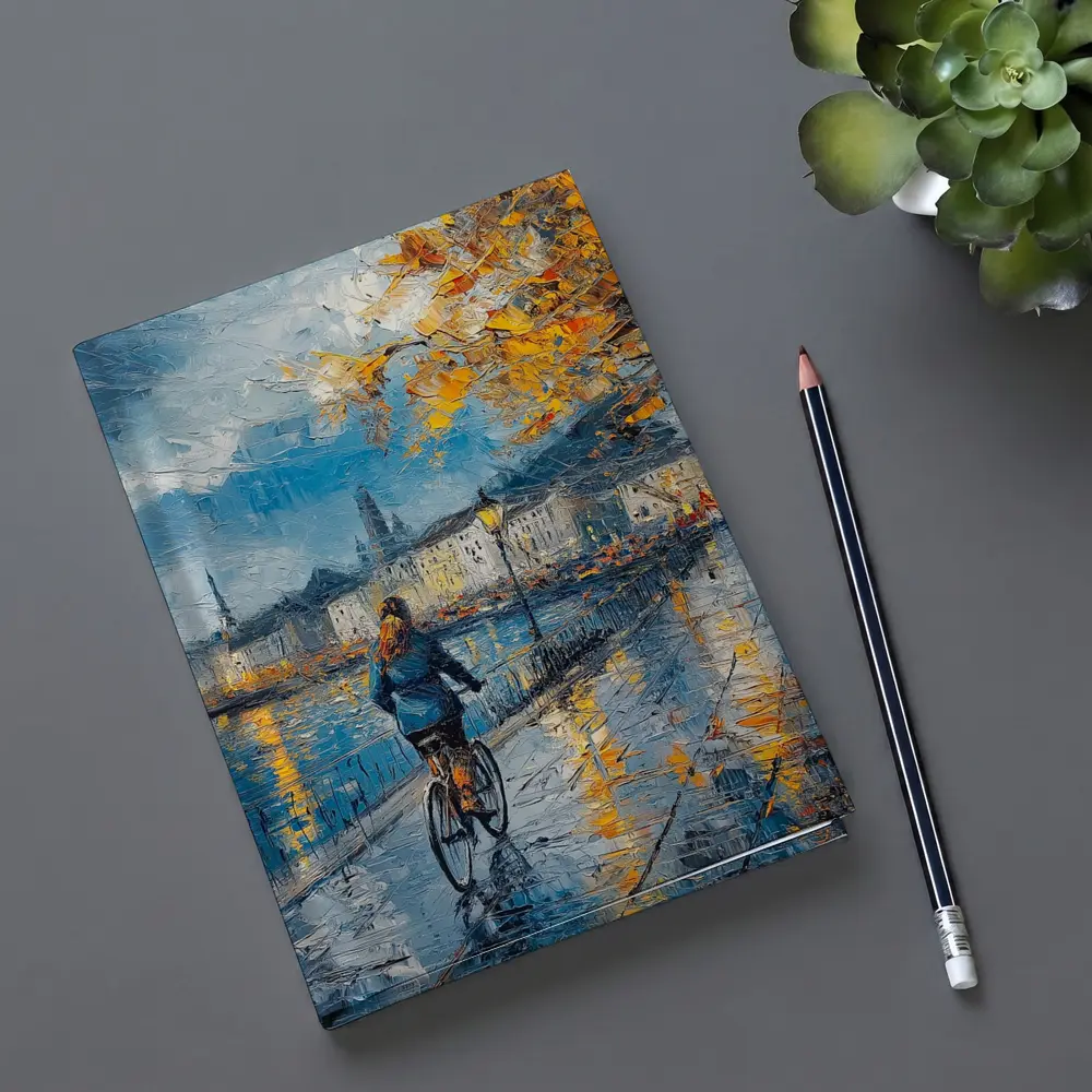 Woman Cycling Rainy City Waterfront Oil Painting – Notebooks
