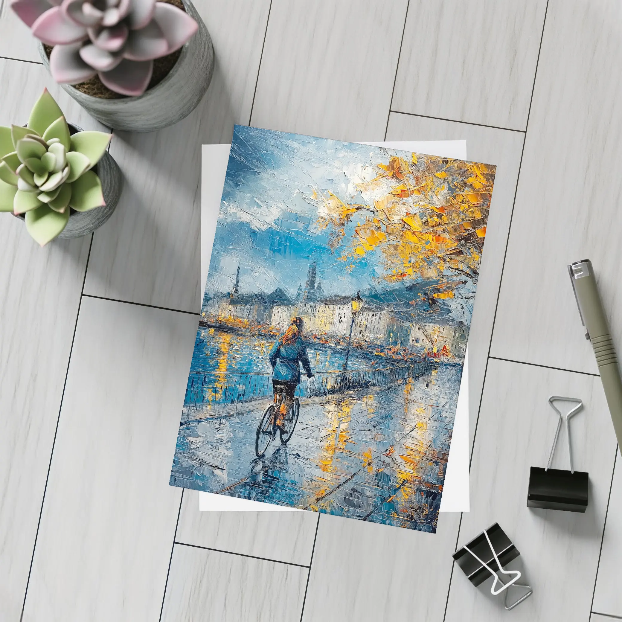 Woman Cycling Rainy City Waterfront Oil Painting – Postcards