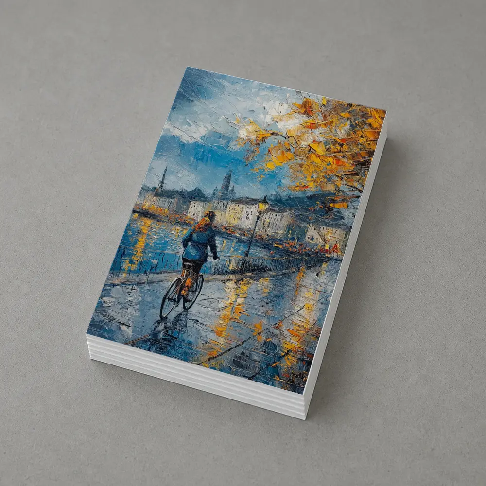Woman Cycling Rainy City Waterfront Oil Painting – Postcards