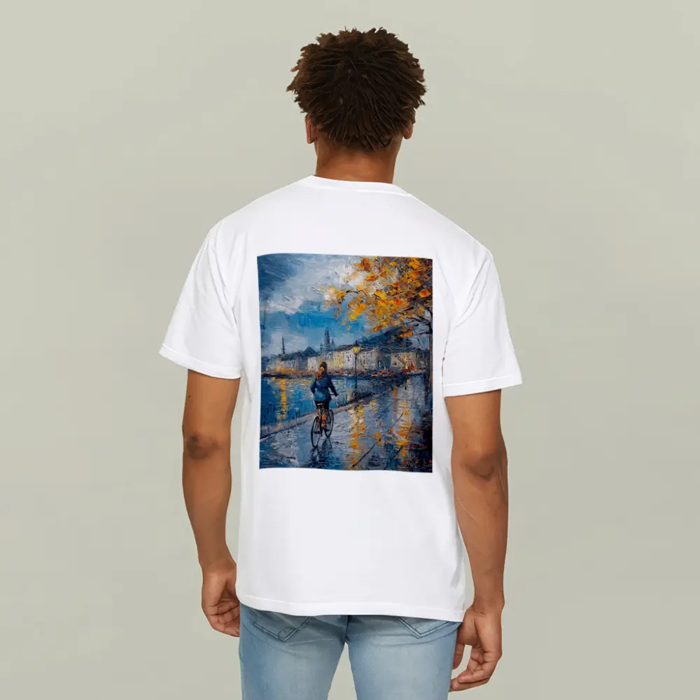 Woman Cycling Rainy City Waterfront Oil Painting – T-Shirts