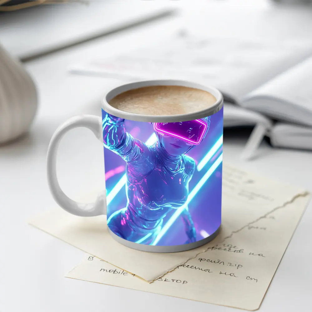 Neon VR Girl Futuristic Cyberpunk Digital World – Mugs