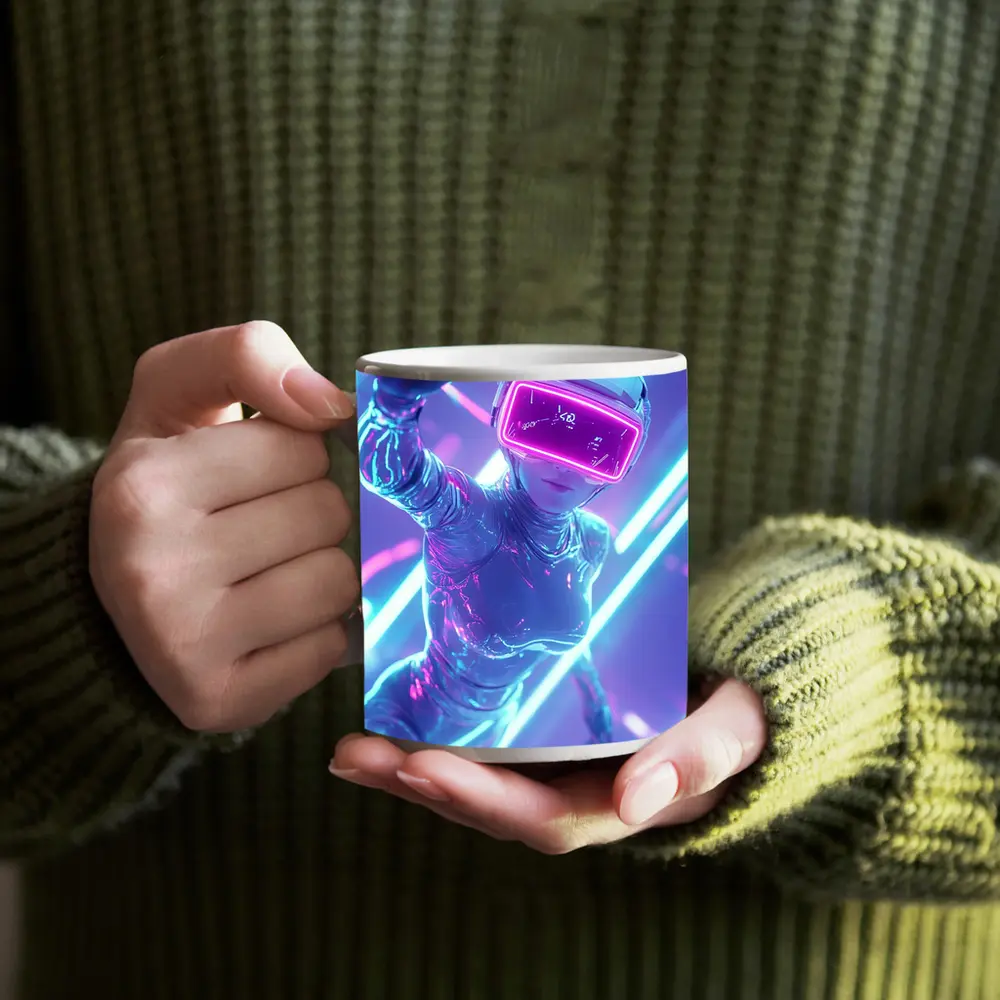 Neon VR Girl Futuristic Cyberpunk Digital World – Mugs