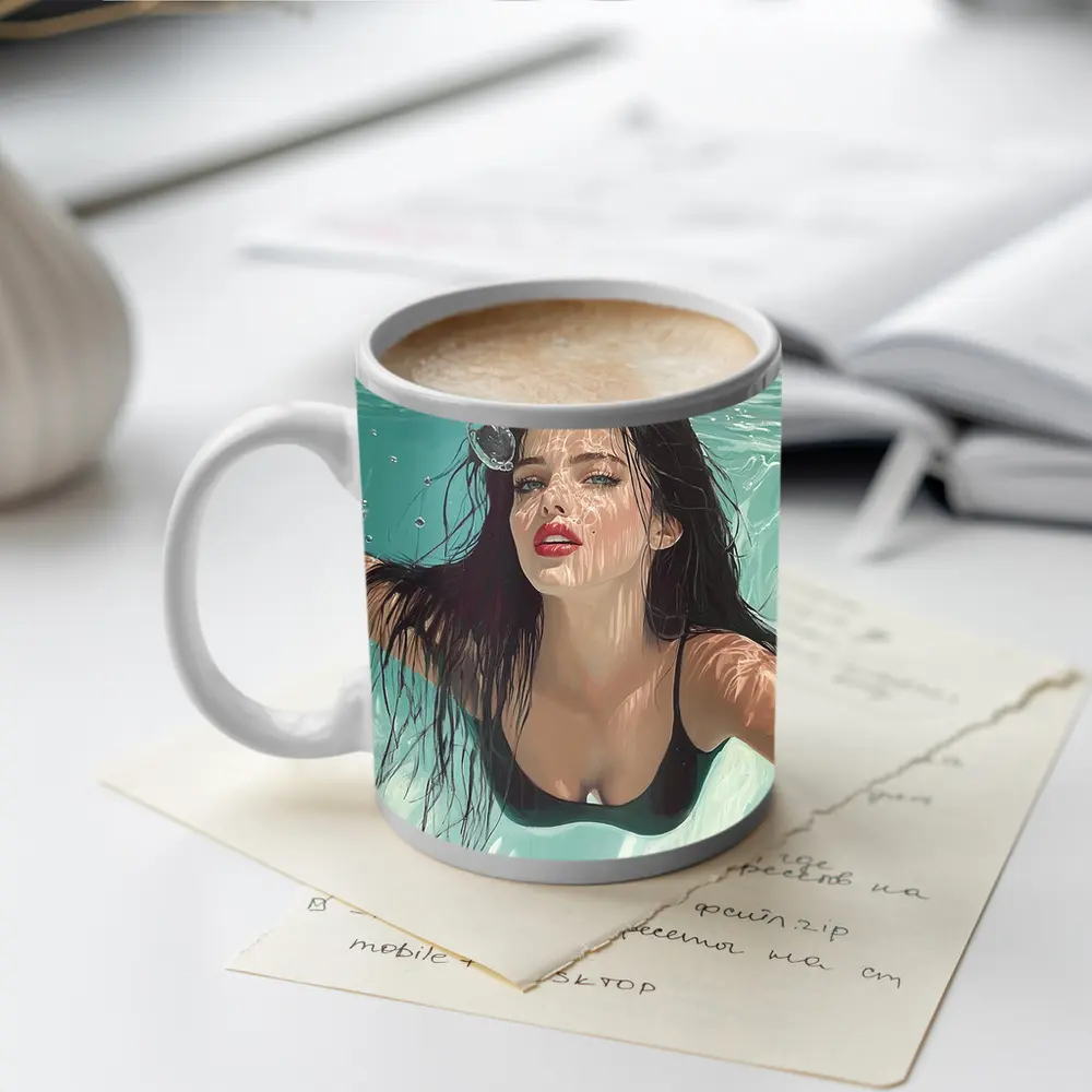 Woman Underwater Pool Digital Art Portrait – Mugs