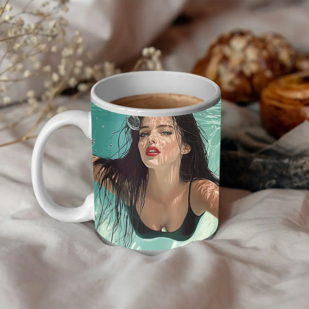 Woman Underwater Pool Digital Art Portrait – Mugs