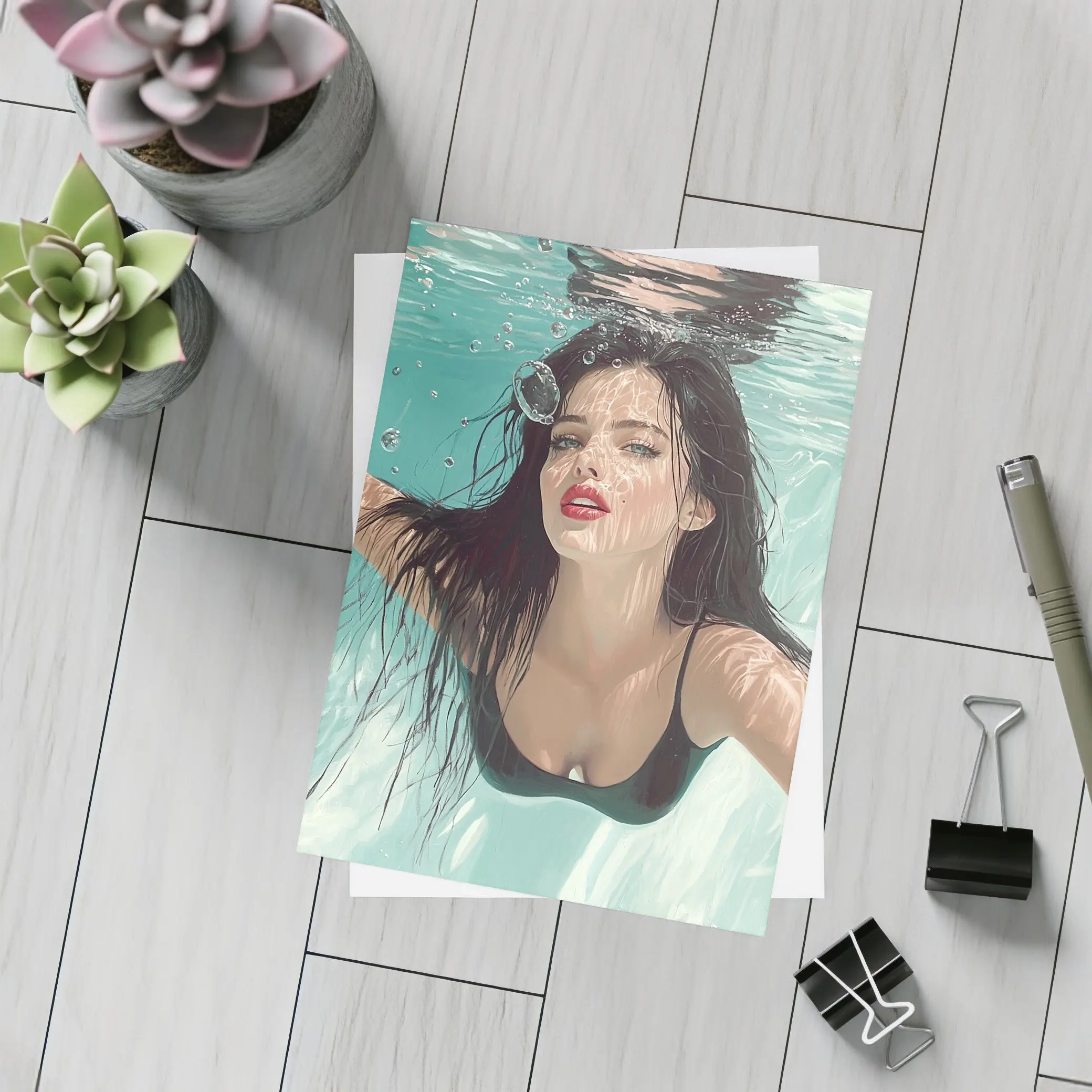 Woman Underwater Pool Digital Art Portrait – Postcards
