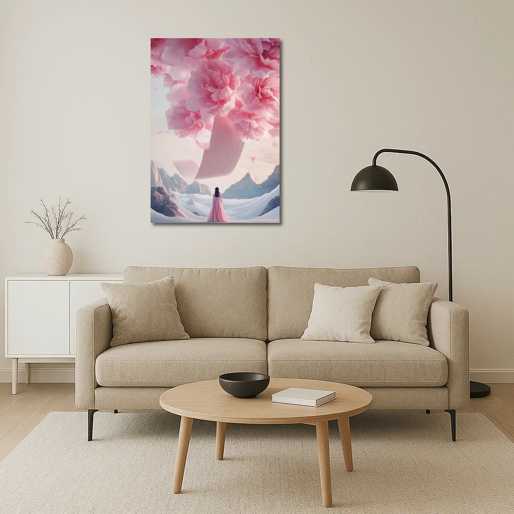 Woman in Pink Dress Giant Peonies Mountains – Wall Art