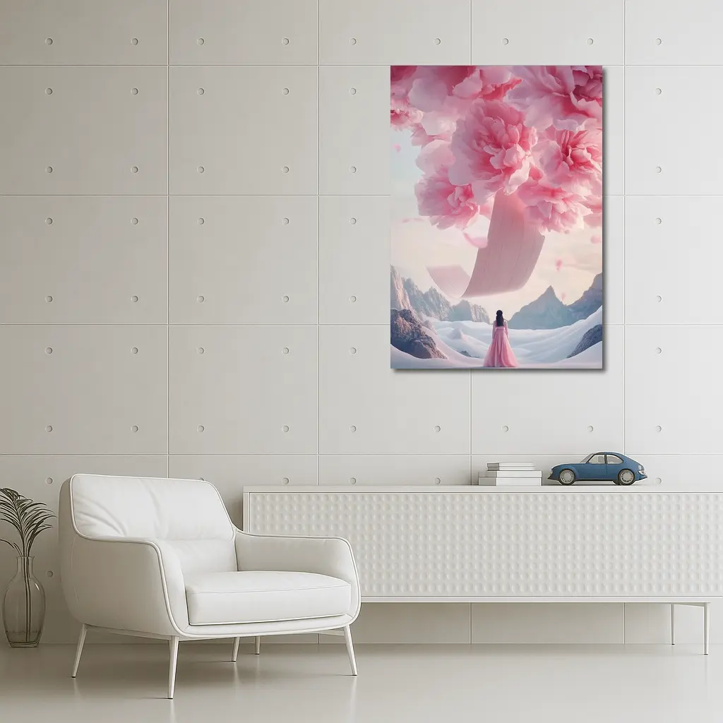 Woman in Pink Dress Giant Peonies Mountains – Wall Art