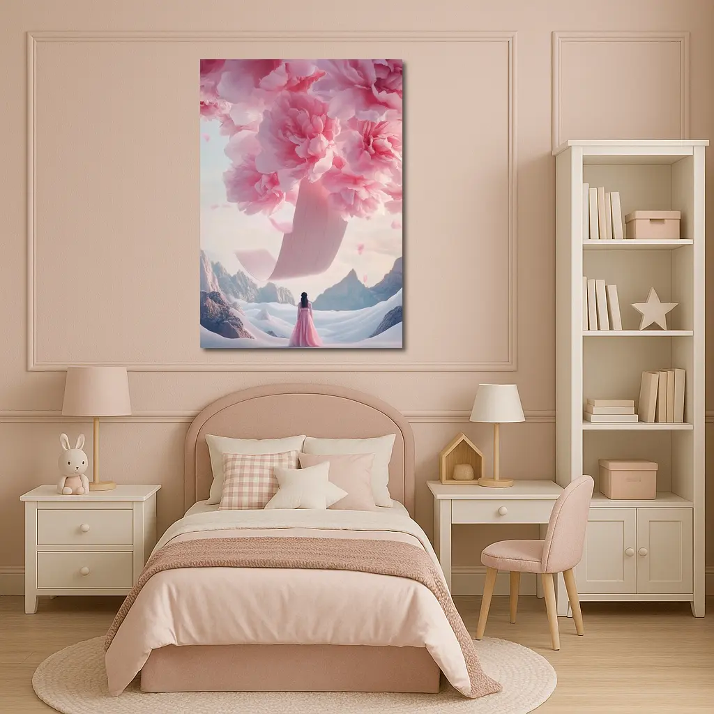 Woman in Pink Dress Giant Peonies Mountains – Wall Art
