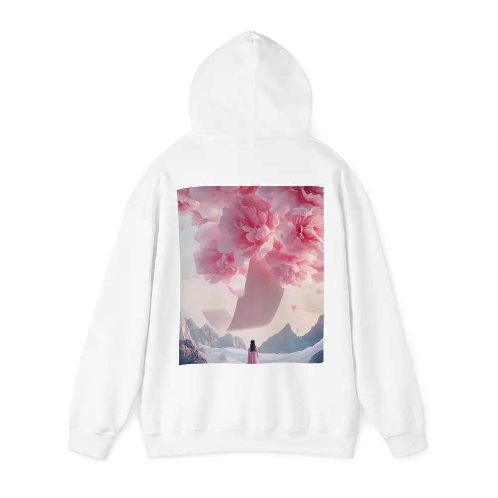 Woman in Pink Dress Giant Peonies Mountains – Hoodies