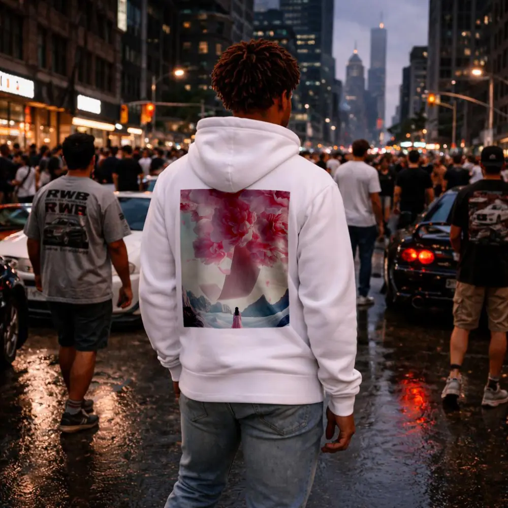 Woman in Pink Dress Giant Peonies Mountains – Hoodies