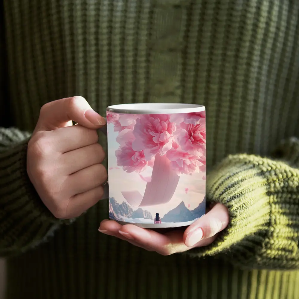 Woman in Pink Dress Giant Peonies Mountains – Mugs