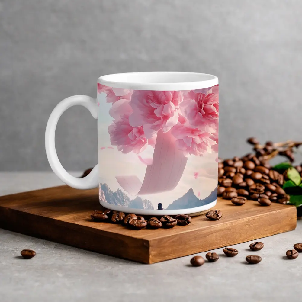 Woman in Pink Dress Giant Peonies Mountains – Mugs