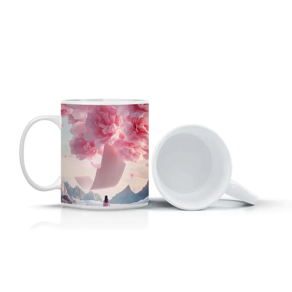 Woman in Pink Dress Giant Peonies Mountains – Mugs